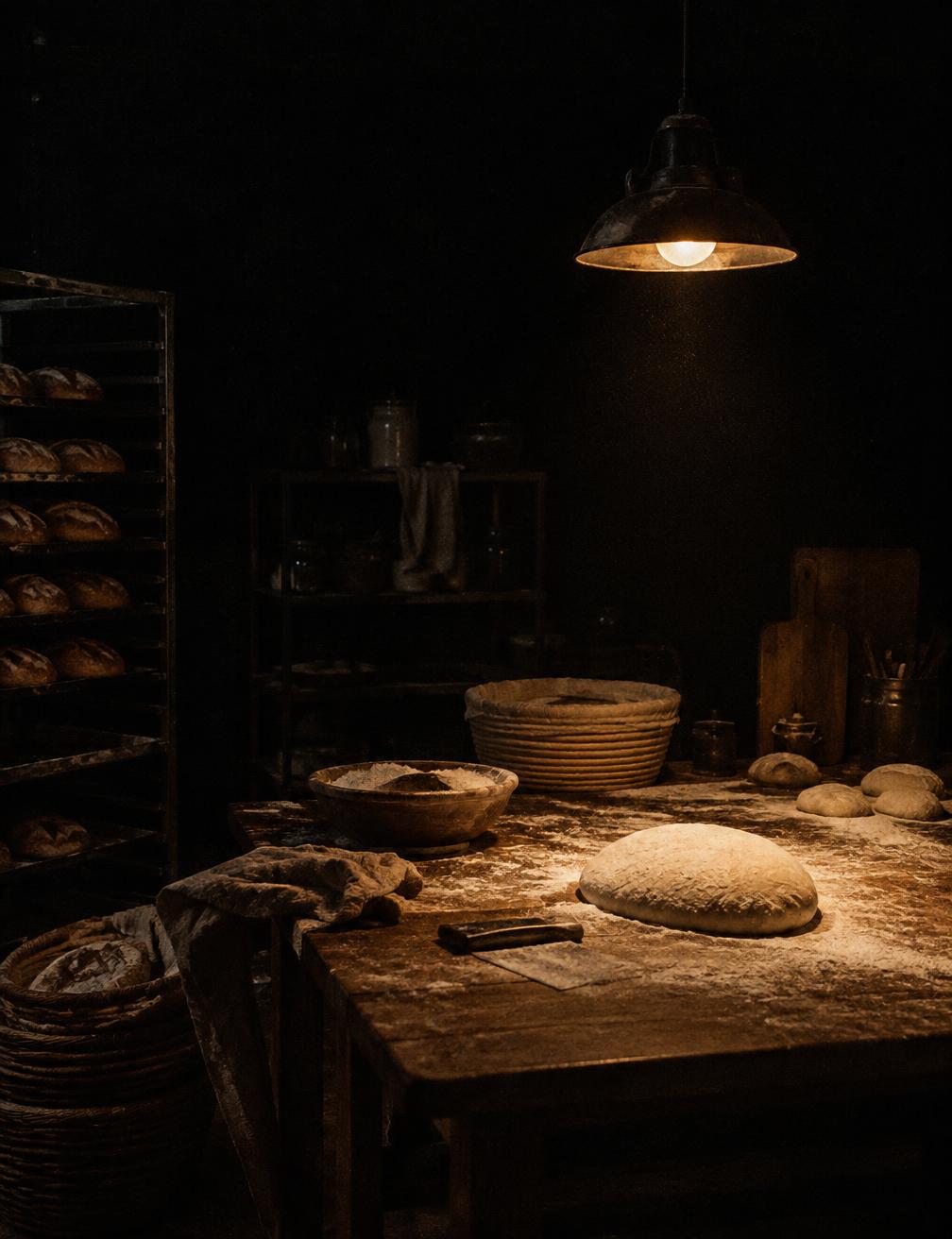 Padaria de madrugada, com massa de pão sobre a bancada